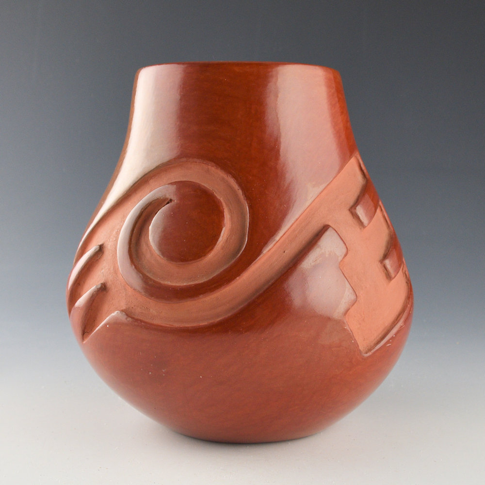 Aguilar, Rosalie & Joe - Carved Red Jar with Swirling Clouds and Rain (1930s)