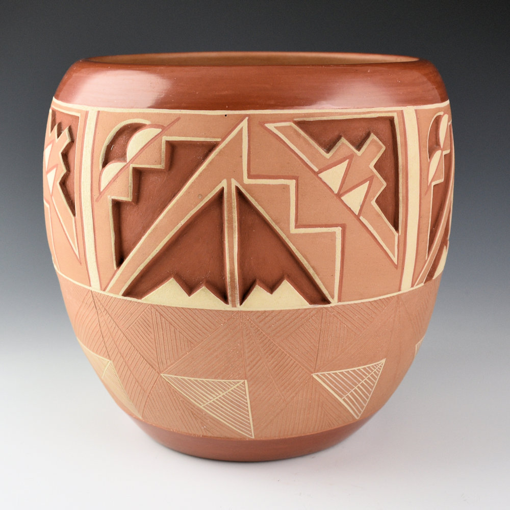 Herrera, Rosita de - 7" Tall Jar with Carved Clouds and Potsuwi'i Designs - Image 3