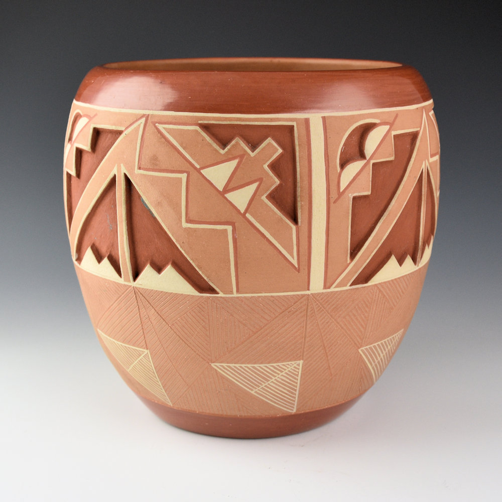 Herrera, Rosita de - 7" Tall Jar with Carved Clouds and Potsuwi'i Designs - Image 4