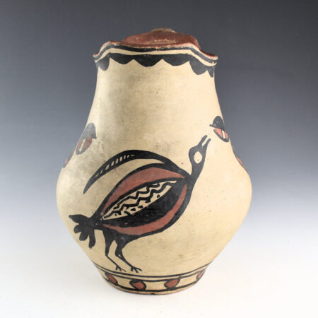 Alternative view of Once Known - San Ildefonso Polychrome Pitcher with Handle, Bird and Flowers, Tag (1915-20)