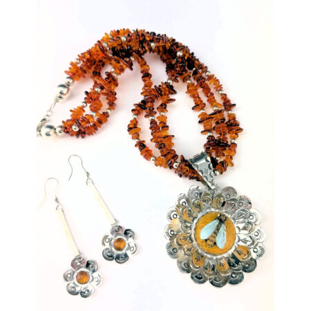 Arthur Lopez & Bernadette Marquez-Lopez - "Honey Bee" Necklace and Earrings (Silver, Wood, Amber)