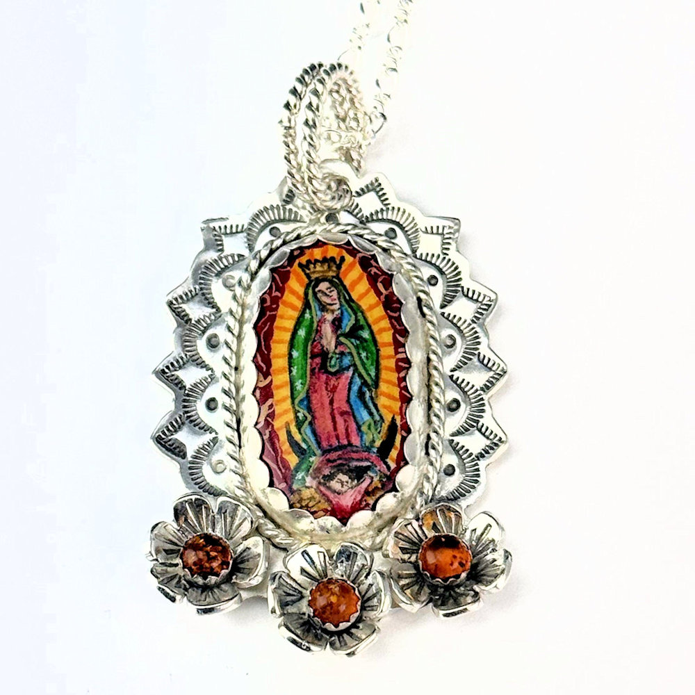 Arthur Lopez & Bernadette Marquez-Lopez - "Virgin of Guadalupe" Pendant (Silver, Wood, Amber)