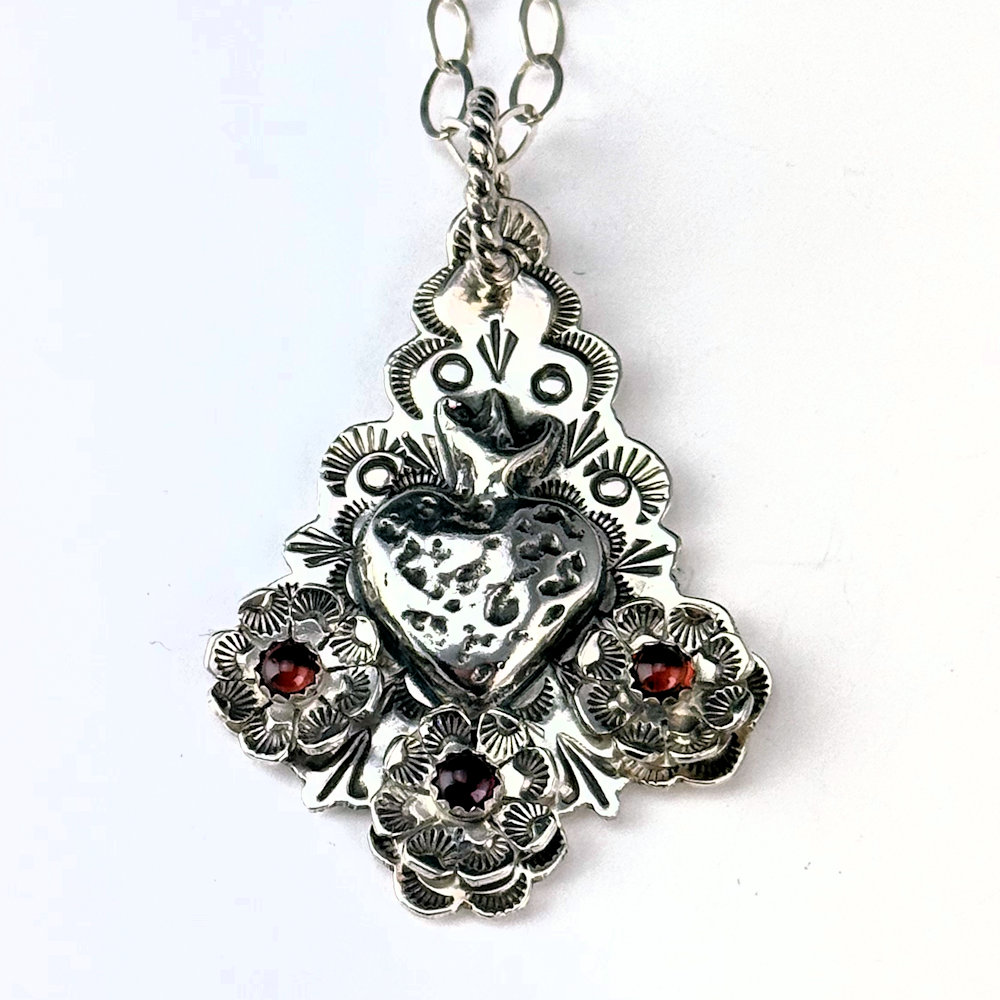 Marquez-Lopez, Bernadette - "Corazon Y Flores" Silver Pendant (Silver, Garnet)