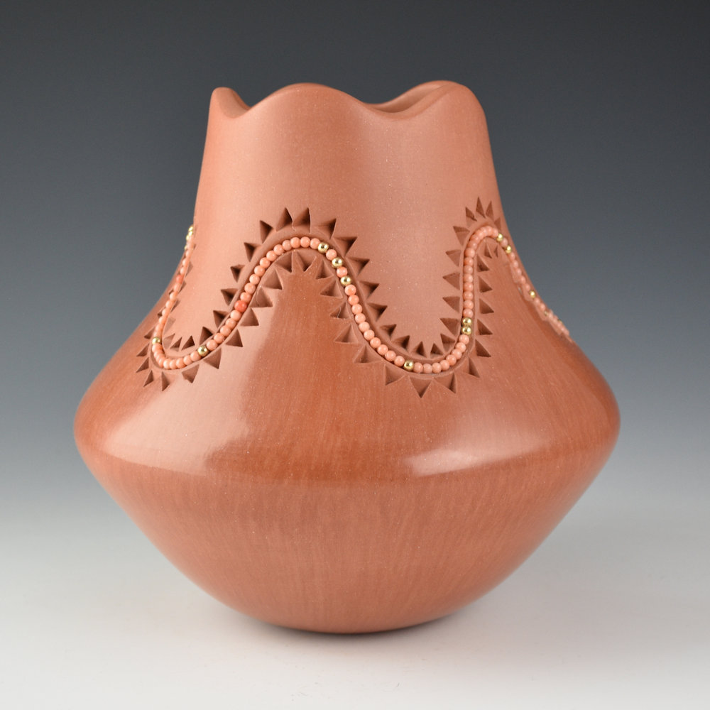 Carpio, Caroline - Red Jar with Carved Mountains, Inset Coral Beads, and Fluted Rim - Image 3