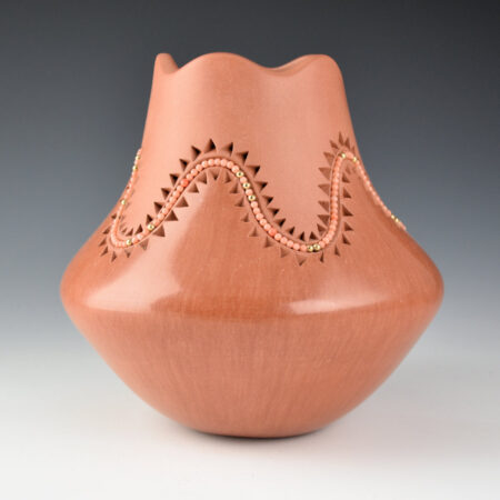 Alternative view of Carpio, Caroline - Red Jar with Carved Mountains, Inset Coral Beads, and Fluted Rim