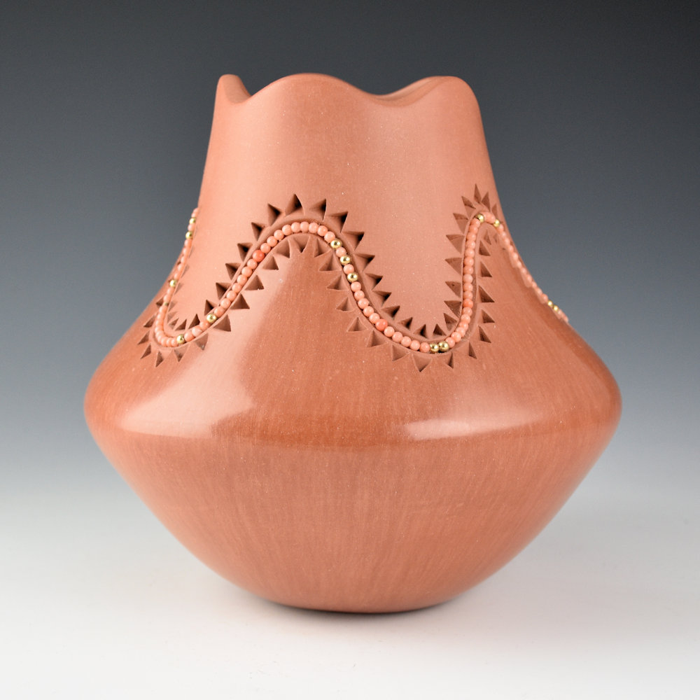 Carpio, Caroline - Red Jar with Carved Mountains, Inset Coral Beads, and Fluted Rim - Image 2