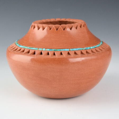 Carpio, Caroline - Red Jar with Carved Mountains and Inset Turquoise Beads