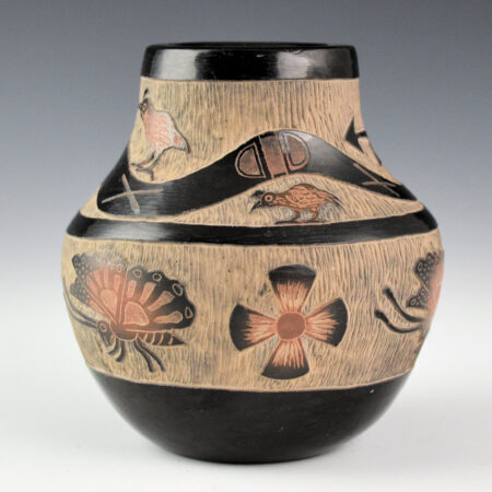 Alternative view of Moquino, Corn - Black and Sienna Jar with Avanyu, Quail, and Butterflies (1990s)