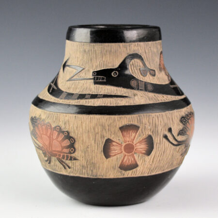 Moquino, Corn - Black and Sienna Jar with Avanyu, Quail, and Butterflies (1990s)