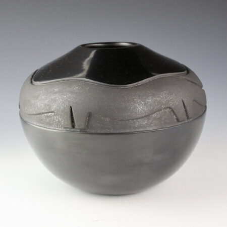 Alternative view of Tse-Pe, Dora - Large Black Jar with Carved Avanyu and Turquoise (1990)