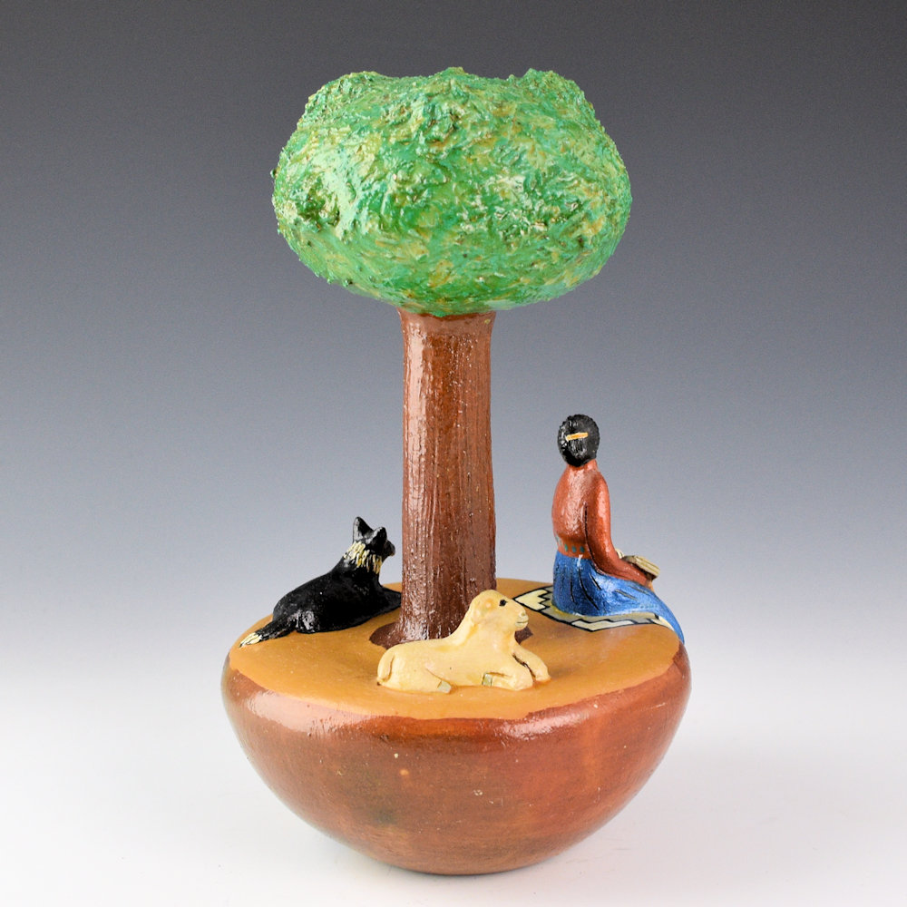 Manygoats, Elizabeth - Tree Jar with Navajo Girl, Black Dog, and Sheep - Image 3