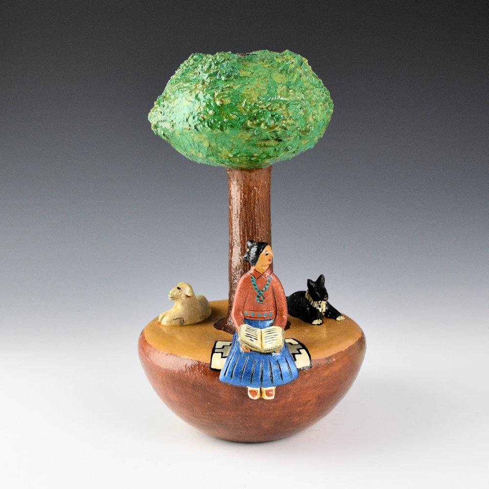 Manygoats, Elizabeth - Tree Jar with Navajo Girl, Black Dog, and Sheep