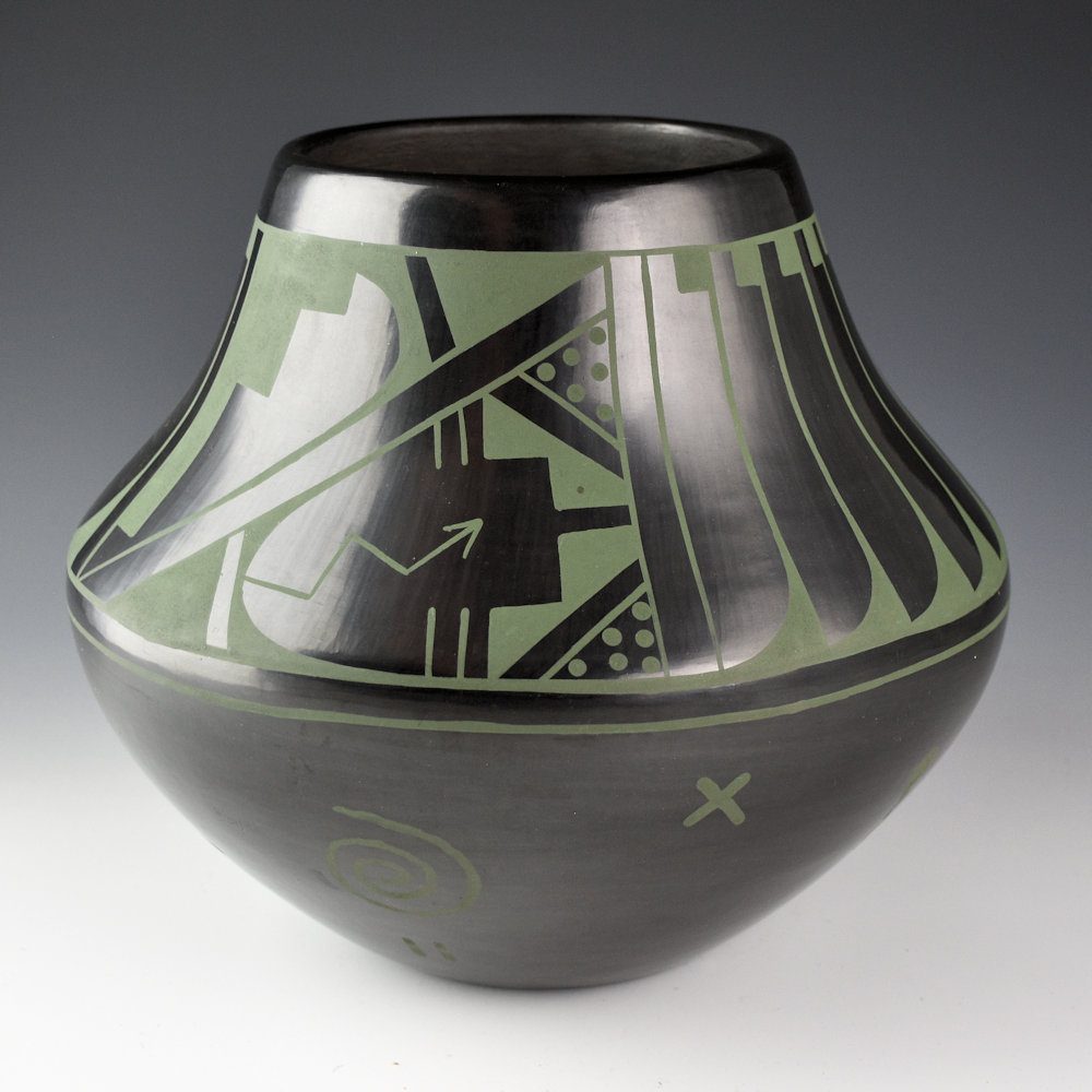Fender, Erik - 9" Wide Green-on-Black Jar with Feather and Lightning Design - Image 2