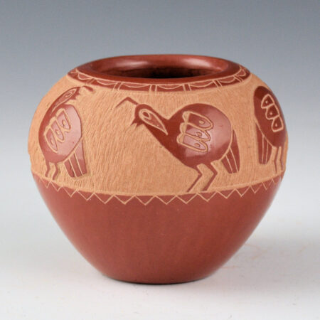 Alternative view of Garcia, Gloria "Golden Rod" - Red Bowl with 7 Quail, Grasshopper, and Bear Paws