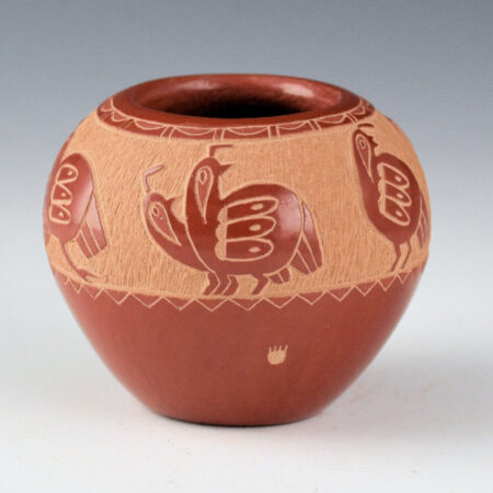 Garcia, Gloria "Golden Rod" - Red Bowl with 7 Quail, Grasshopper, and Bear Paws