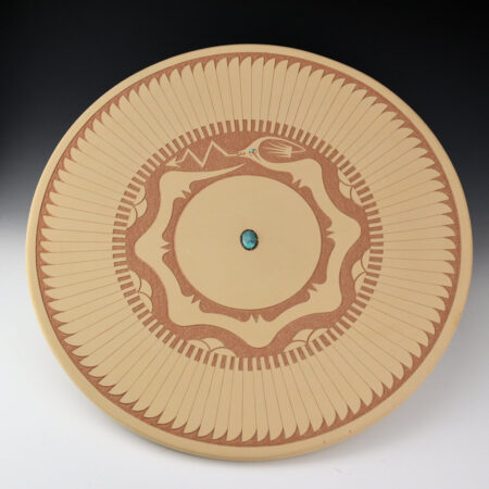 Gonzales, John - 17.5" Avanyu and Feather Plate with Turquoise (1999)