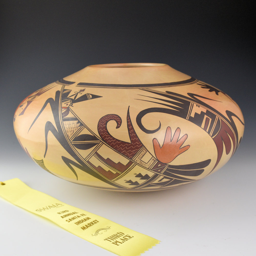 Sahme, Jean - 14" Wide Jar with Corn Plants, Katsinas, and Birds (2004) Ribbon