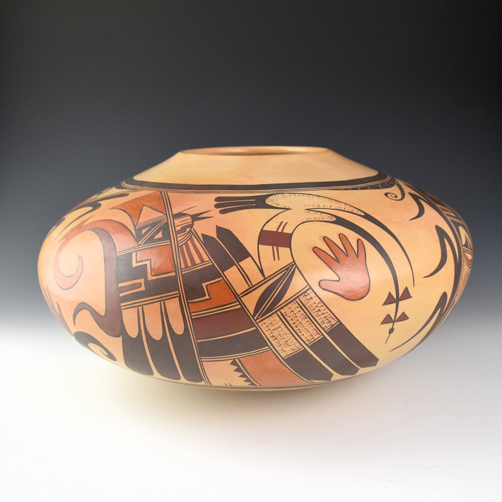 Sahme, Jean - 14" Wide Jar with Corn Plants, Katsinas, and Birds (2004) Ribbon - Image 3
