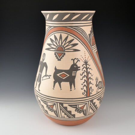 Montoya, John - 11" Tall Sandia Pueblo Jar with Mimbres Figures and Sun Designs (2003)