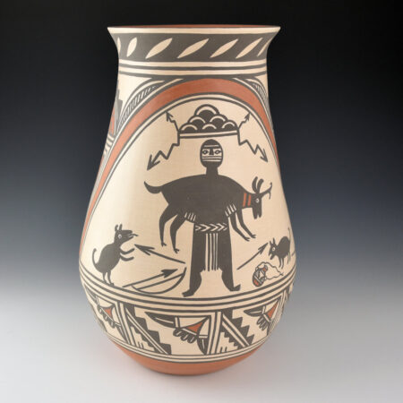 Alternative view of Montoya, John - 11" Tall Sandia Pueblo Jar with Mimbres Figures and Sun Designs (2003)