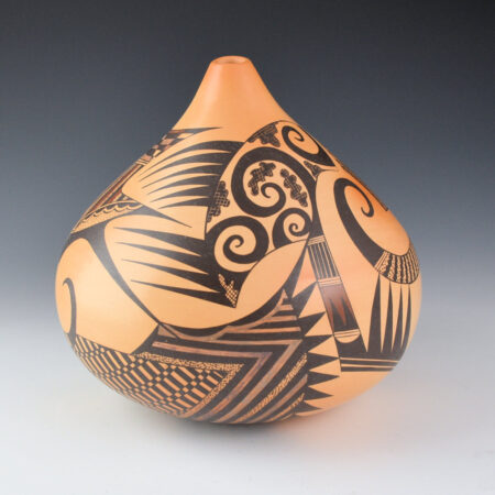 Alternative view of Namingha, Les - "Rainbird Songs" Jar with Birds, Katsinas Faces, and Geometrics (2012)