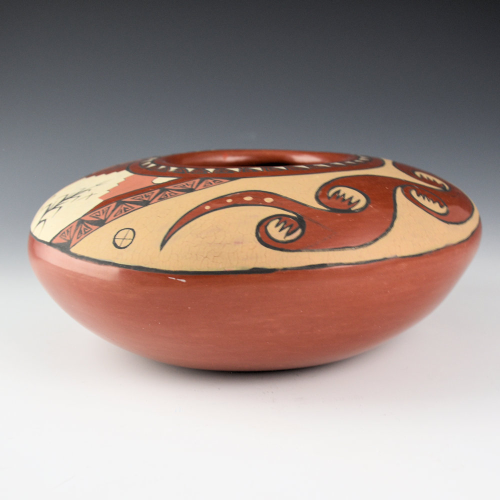 Gutierrez, Lois - Red Polished Polychrome Bowl with Avanyu and Corn (1974), Published New Mexico Magazine - Image 3