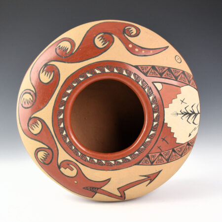 Gutierrez, Lois  - Red Polished Polychrome Bowl with Avanyu and Corn (1974), Published New Mexico Magazine