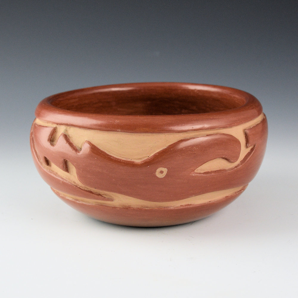 Tafoya, Margaret - Small Fully Polished Red Bowl with Carved Avanyu (1950's)