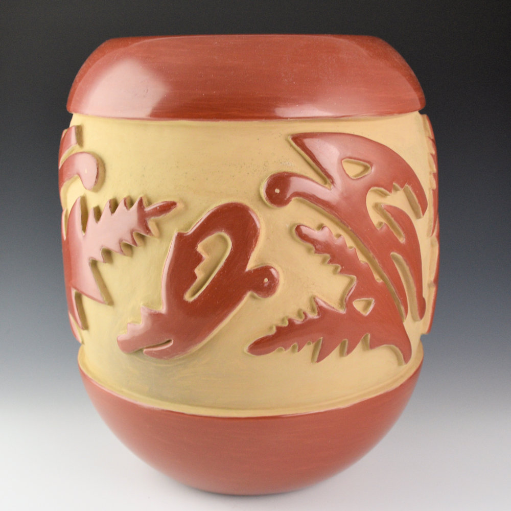 Archuleta, Mary Ester - 12" Tall Jar with Carved Butterflies (1970s) - Image 2