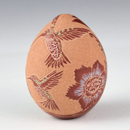 Lonewolf, Rosemary "Apple Blossom" - Seedpot with Three Hummingbirds, Flowers, and Flute Player (1980s)