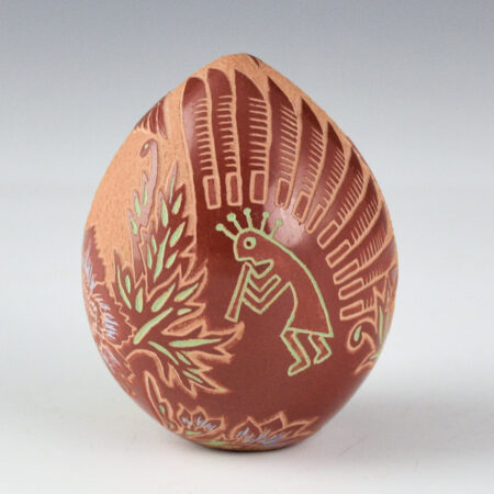 Alternative view of Lonewolf, Rosemary "Apple Blossom" - Seedpot with Three Hummingbirds, Flowers, and Flute Player (1980s)