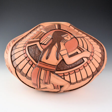 Alternative view of Polacca, Thomas - 10" Wide Jar with Carved Hano and Tewa Katsina (1990s)