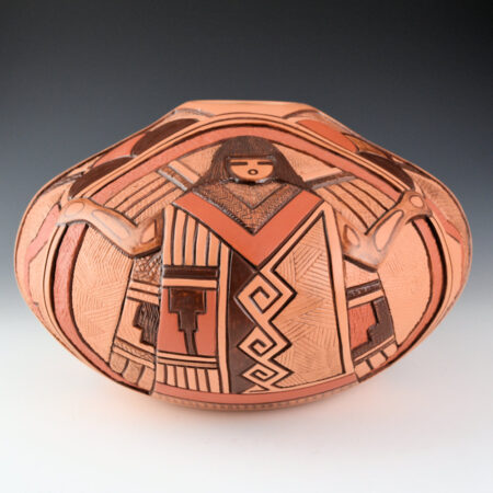 Polacca, Thomas - 10" Wide Jar with Carved Hano and Tewa Katsina (1990s)