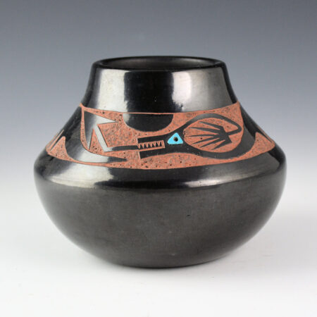 Gonzales, Tse-Pe - Black Polished Jar with Avanyu and Turquoise Eye (1980s)