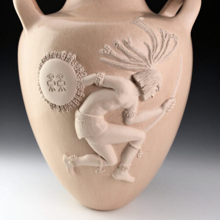 Alternative view of Qoyawayma, Al - 15.5" Tall Jar with Aztec Figure in Relief (1994)
