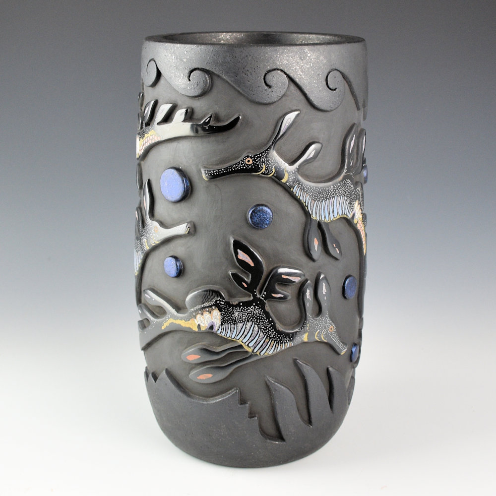Tafoya, Jennifer & Chris Youngblood - Tall "There Be Dragons..." Jar with Weedy Sea Dragons - Image 4