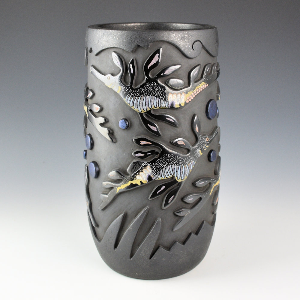 Tafoya, Jennifer & Chris Youngblood - Tall "There Be Dragons..." Jar with Weedy Sea Dragons - Image 2
