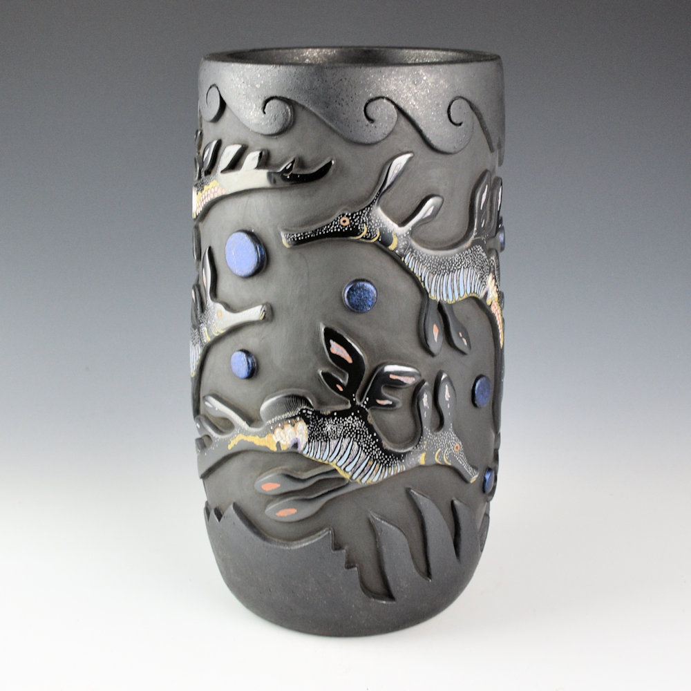 Tafoya, Jennifer & Chris Youngblood - Tall "There Be Dragons..." Jar with Weedy Sea Dragons