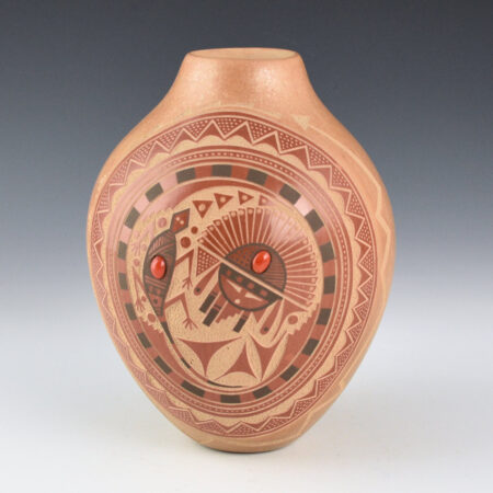 Fragua, Glendora - Tan Jar with Sun, Lizard, and Coral Insets