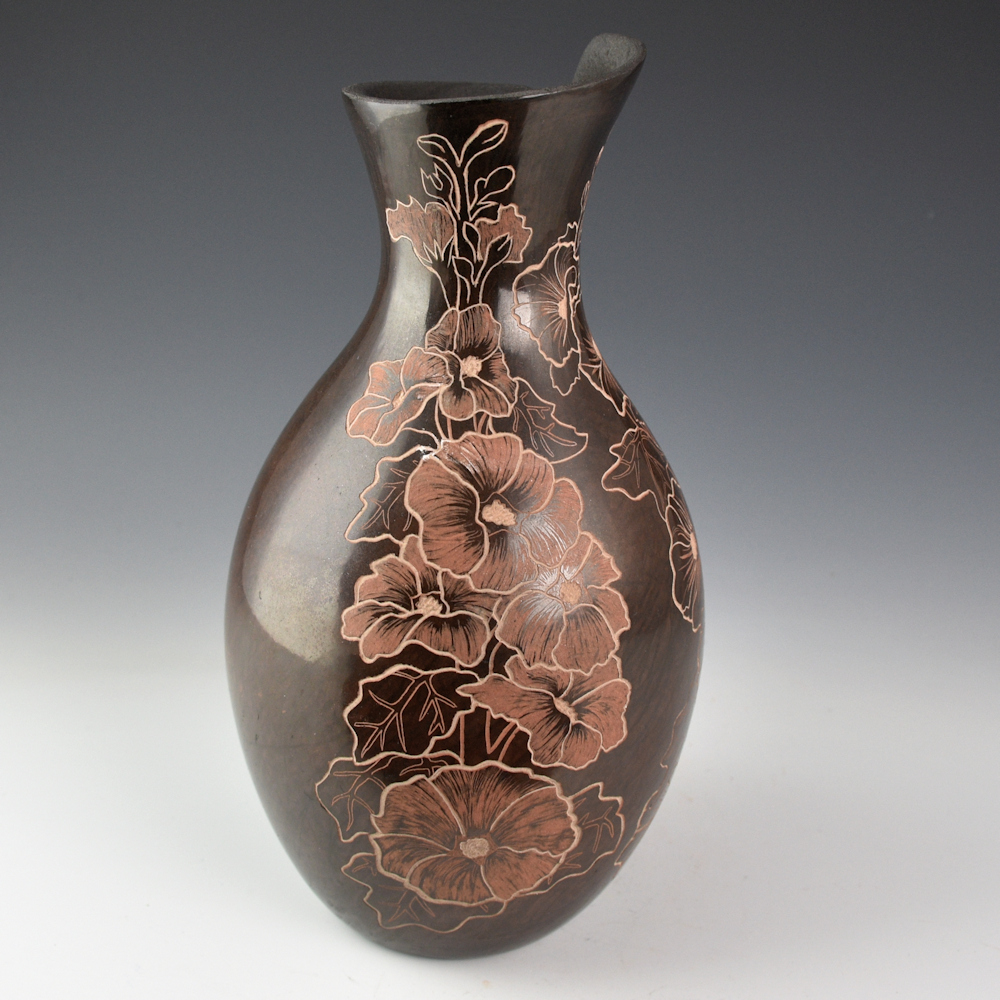 Naranjo, Johnathan - 9" Tall "Hummingbird and Hollyhocks" Jar - Image 2