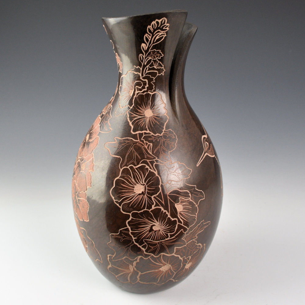 Naranjo, Johnathan - 9" Tall "Hummingbird and Hollyhocks" Jar - Image 3