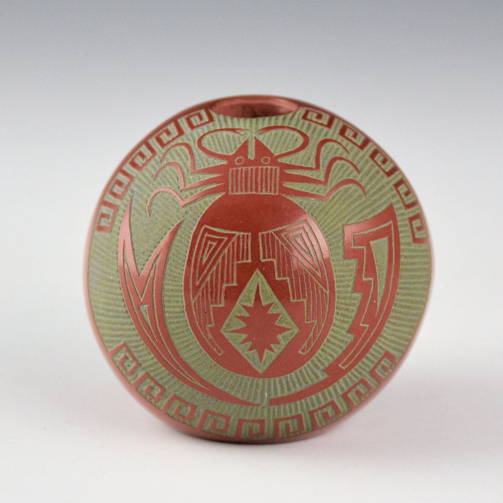 Lonewolf, Joseph - Red and Green"Mimbres Tick" (1974) Published "Pottery Jewels"