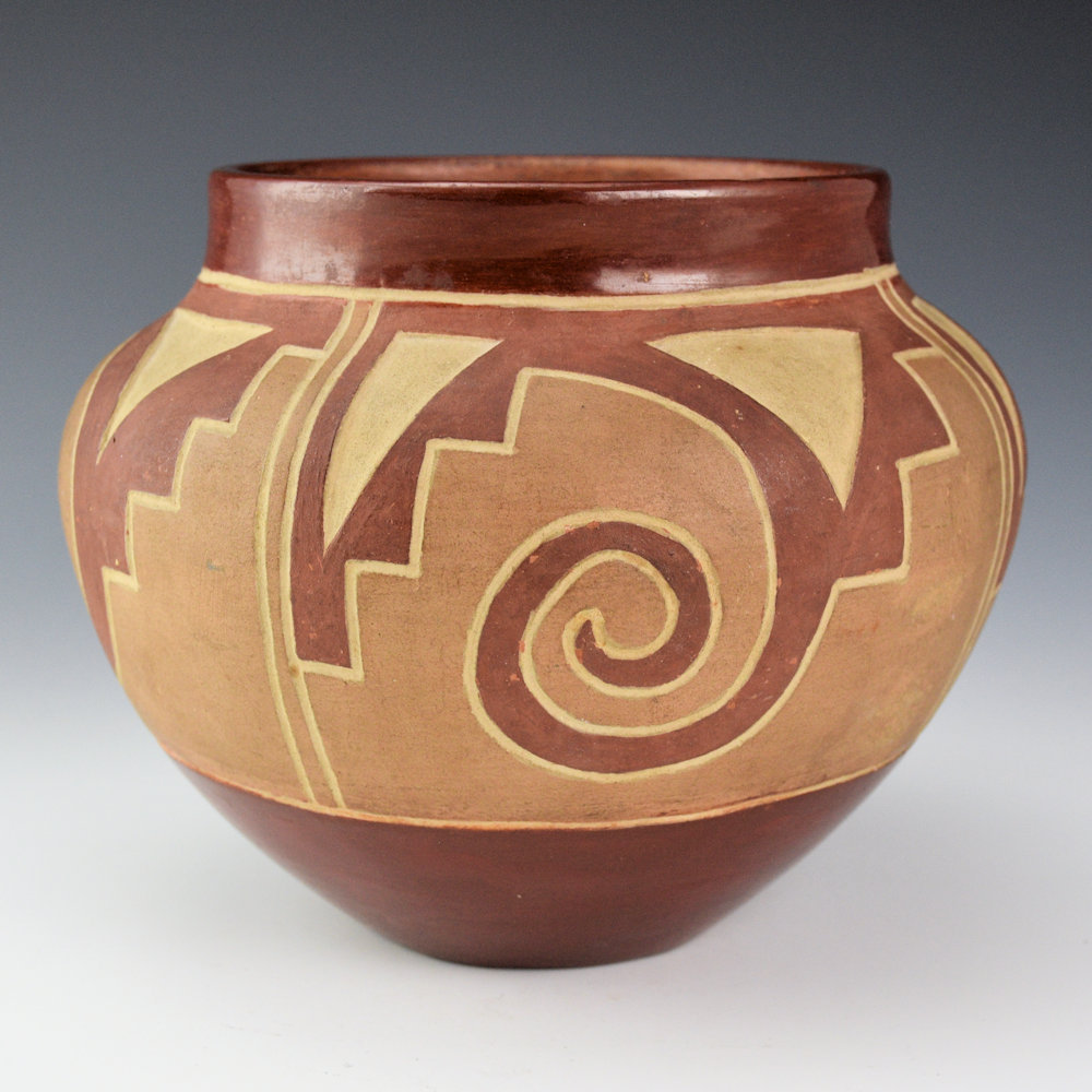Atencio, Luteria - Incised Polychrome Jar with Cloud and Rain Designs (1940s)