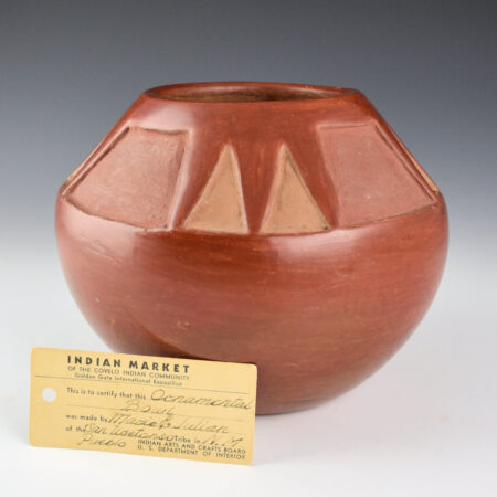 Martinez, Maria - Red Carved Bowl with Mountain Designs (1939) Golden Gate Expo Tag