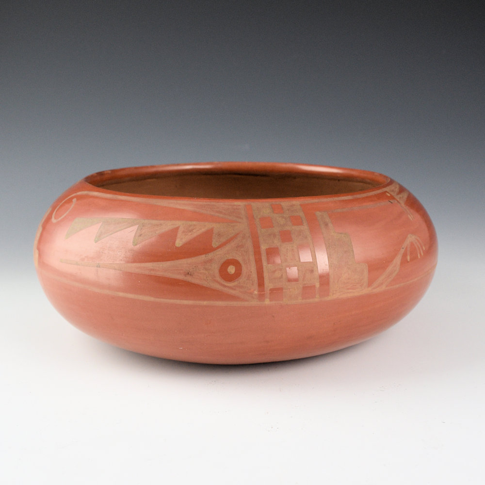 Martinez, Maria - 8" Wide Red Bowl with Cloud and Mountain Designs "Marie + Julian" (1920s) - Image 3