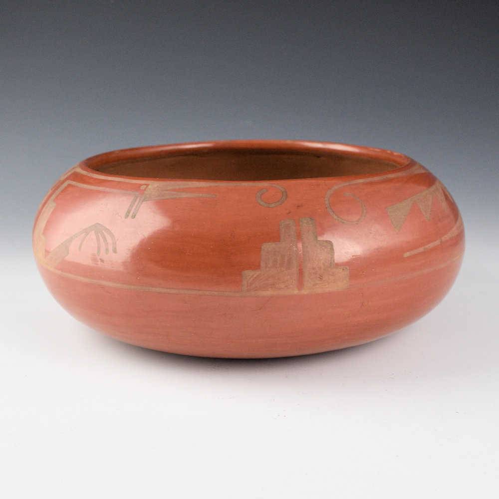 Martinez, Maria - 8" Wide Red Bowl with Cloud and Mountain Designs "Marie + Julian" (1920s) - Image 2