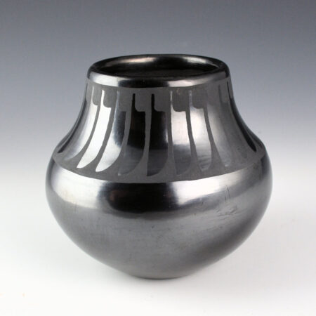 Alternative view of Martinez, Maria  - Gunmetal Fired  Jar with 26 Feathers, "Marie + Santana" (1954-6)