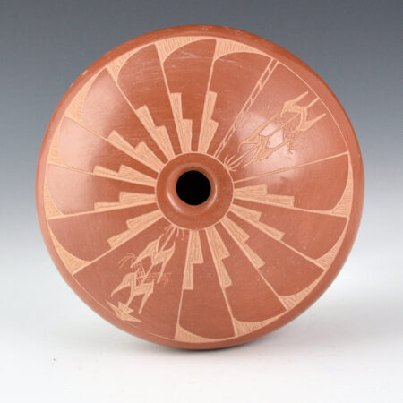 Talachy, Pearl - Brown Polished Seedpot with Feathers and Corn (Nambe Pueblo)