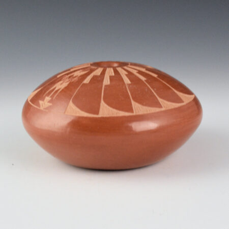 Alternative view of Talachy, Pearl - Brown Polished Seedpot with Feathers and Corn (Nambe Pueblo)