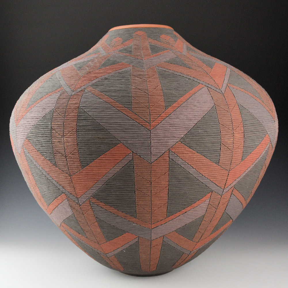 Zane Smith, Richard - 16" Wide Corrugated Jar with Op-Art Design (1992) - Image 3